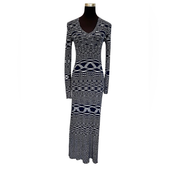 See By Chloé Womens XS Long Sleeve Knit Maxi Dress Blue White Geometric Bodycon - Picture 1 of 7